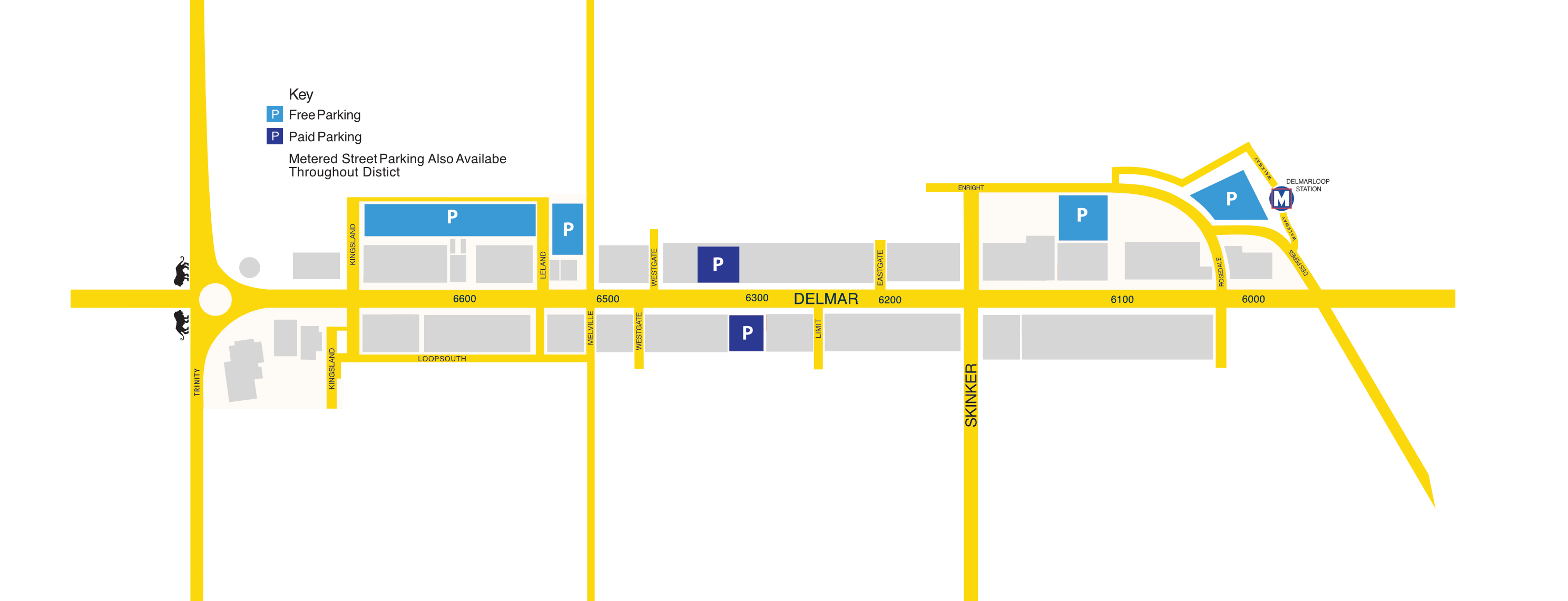 Map of free, paid, and event parking along the Delmar Loop